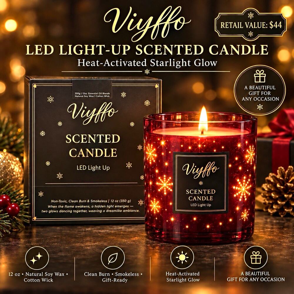 Viyffo LED Scented Soy Wax Candle 12 oz Red Round Glass Jar Holiday